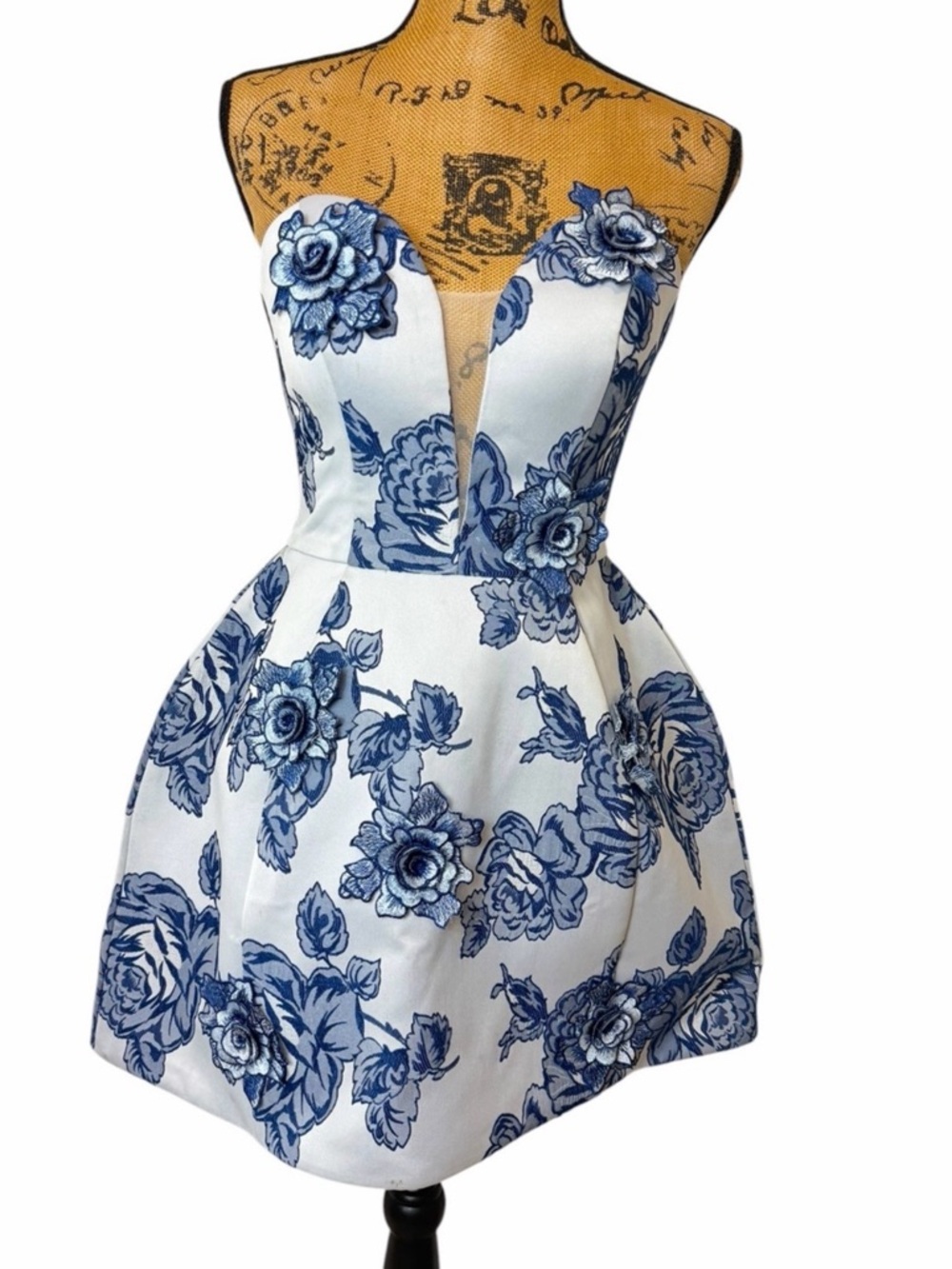 Blue Floral Couture Strapless Bubble Appliqué Jacquard Mini Dress in White